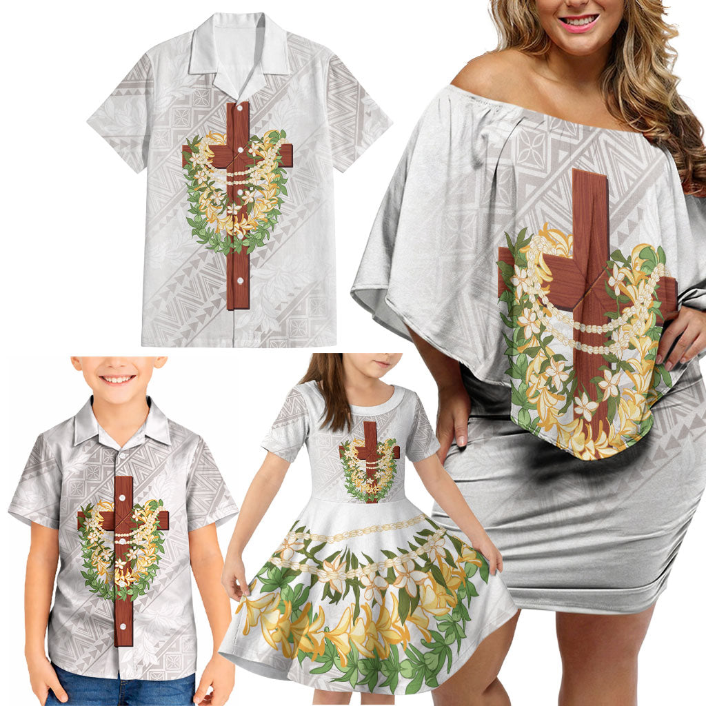 Hawaii ⁠Ka Pule a ka Haku Memorial Family Matching Off Shoulder Short Dress and Hawaiian Shirt Flower Lei Cross - Ivory White