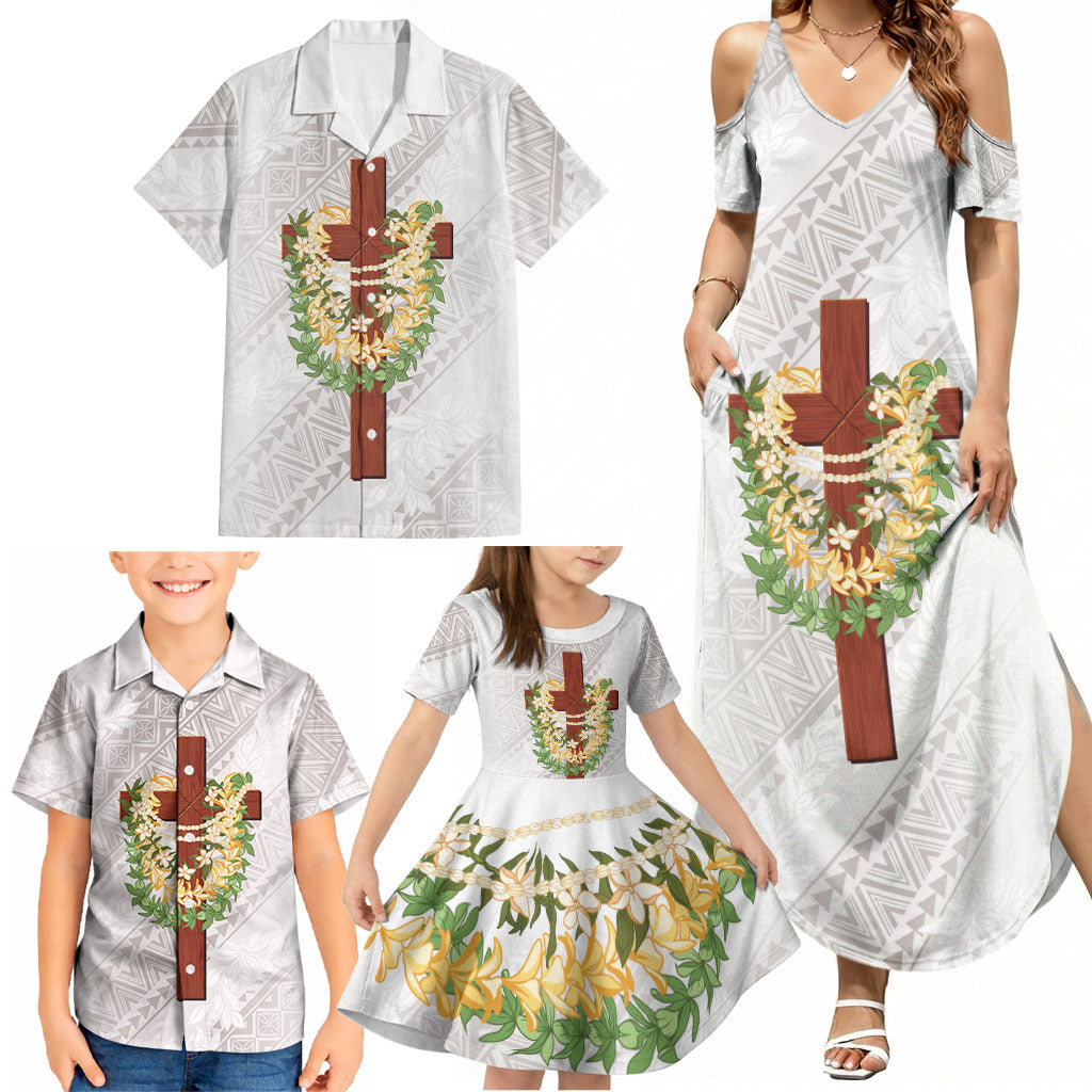Hawaii Ka Pule a ka Haku Memorial Family Matching Summer Maxi Dress and Hawaiian Shirt Flower Lei Cross - Ivory White LT7 - Polynesian Pride