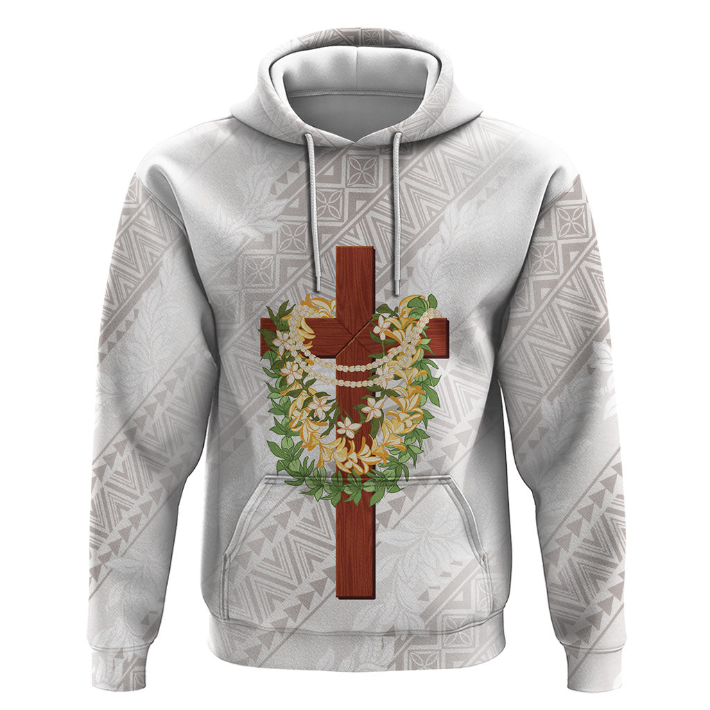 Hawaii Ka Pule a ka Haku Memorial Hoodie Flower Lei Cross - Ivory White LT7 Pullover Hoodie Ivory - Polynesian Pride