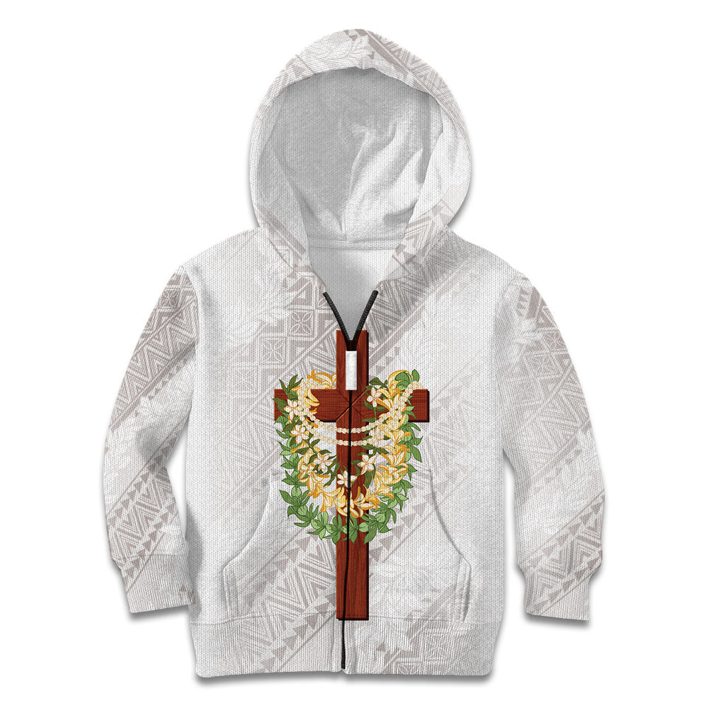 Hawaii Ka Pule a ka Haku Memorial Kid Hoodie Flower Lei Cross - Ivory White LT7 Zip Hoodie Ivory - Polynesian Pride