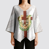 Hawaii Ka Pule a ka Haku Memorial Kimono Sleeve Blouse Flower Lei Cross - Ivory White LT7 - Polynesian Pride