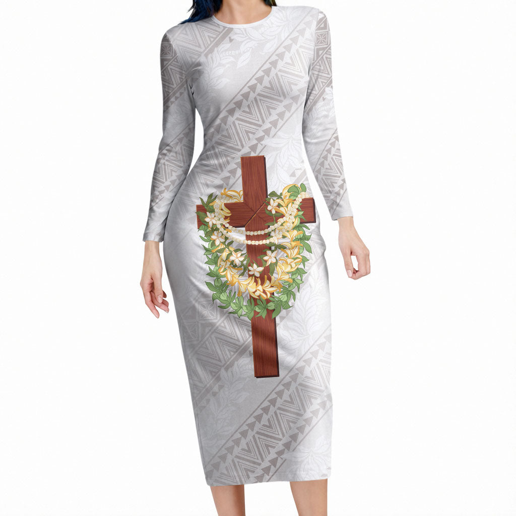 Hawaii Ka Pule a ka Haku Memorial Long Sleeve Bodycon Dress Flower Lei Cross - Ivory White LT7 Long Dress Ivory - Polynesian Pride