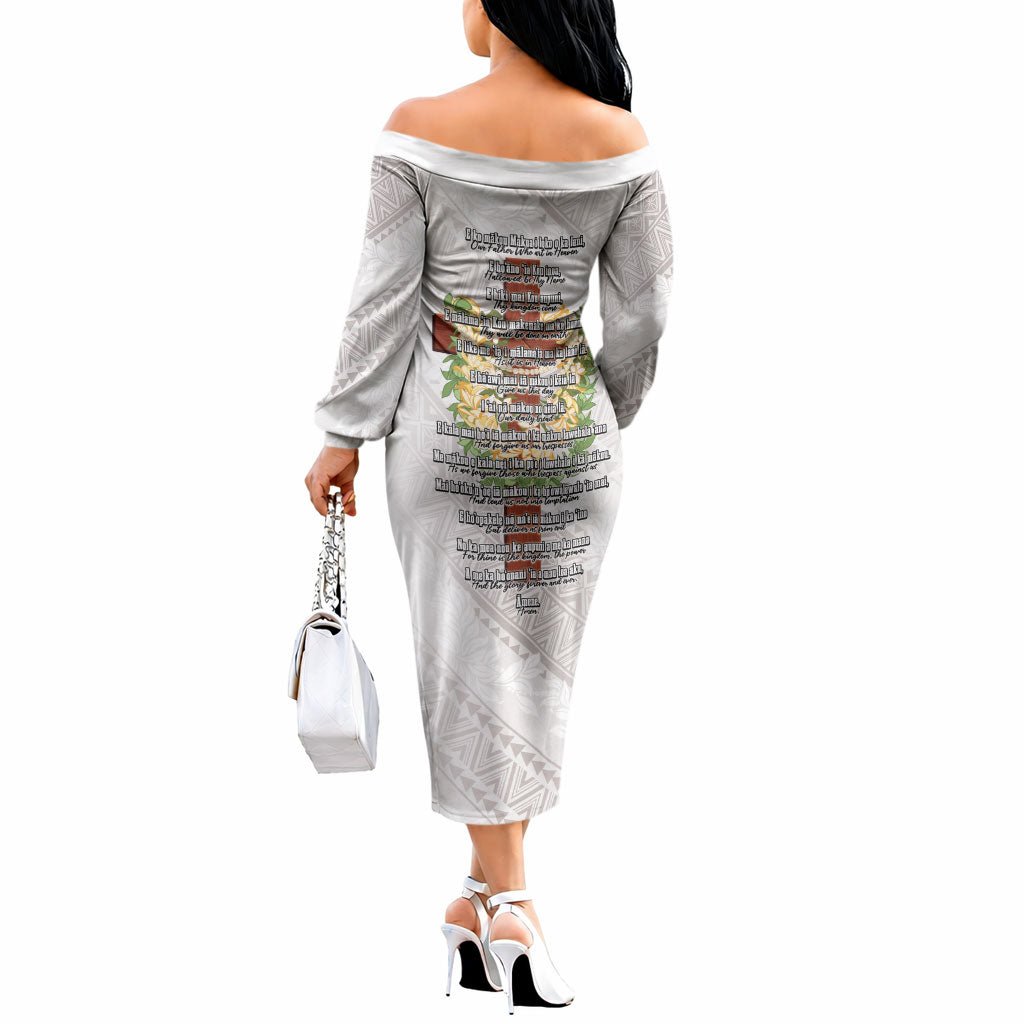 Hawaii Ka Pule a ka Haku Memorial Off The Shoulder Long Sleeve Dress Flower Lei Cross - Ivory White LT7 - Polynesian Pride