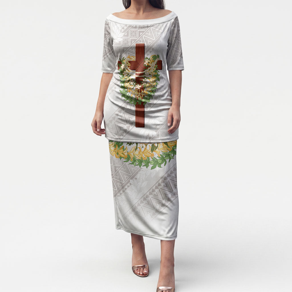 Hawaii Ka Pule a ka Haku Memorial Puletasi Flower Lei Cross - Ivory White LT7 Long Dress Ivory - Polynesian Pride