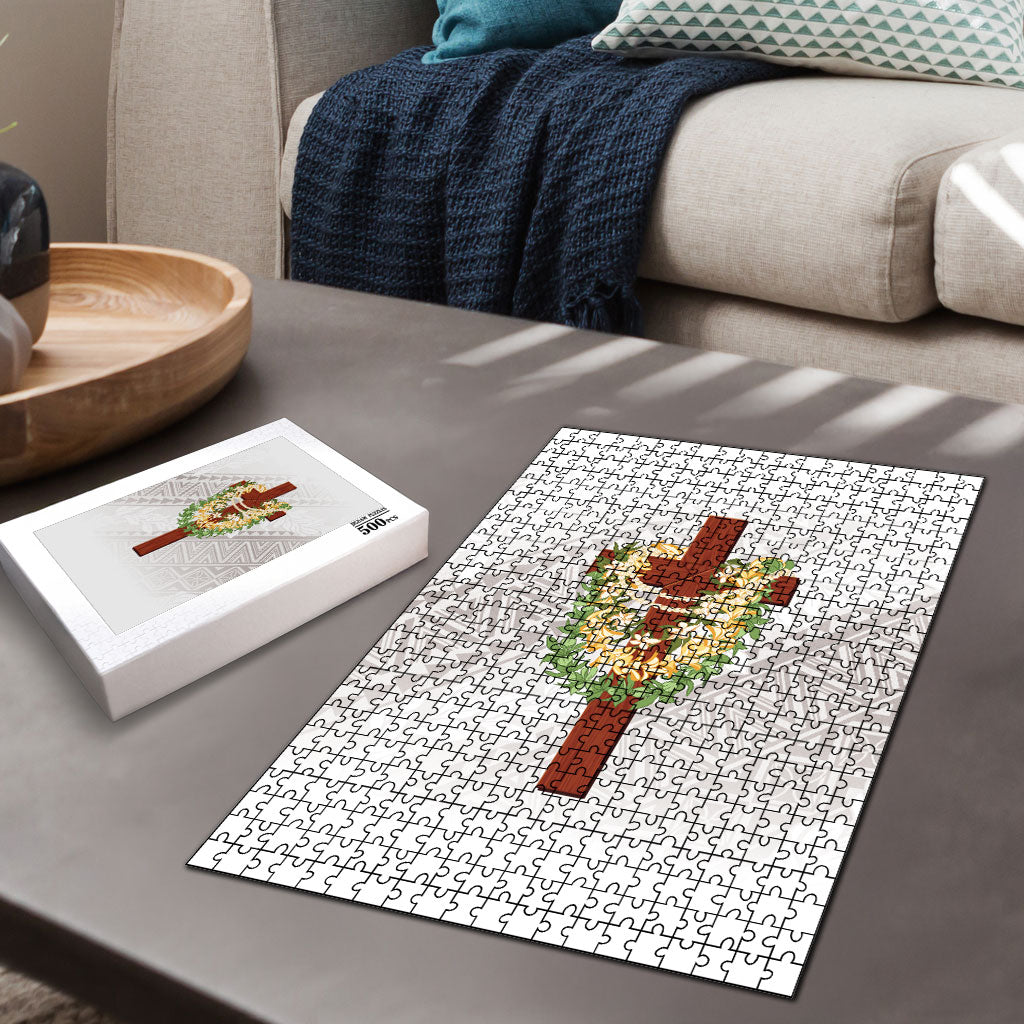 Hawaii Ka Pule a ka Haku Memorial Puzzle Flower Lei Cross - Ivory White LT7 - Polynesian Pride