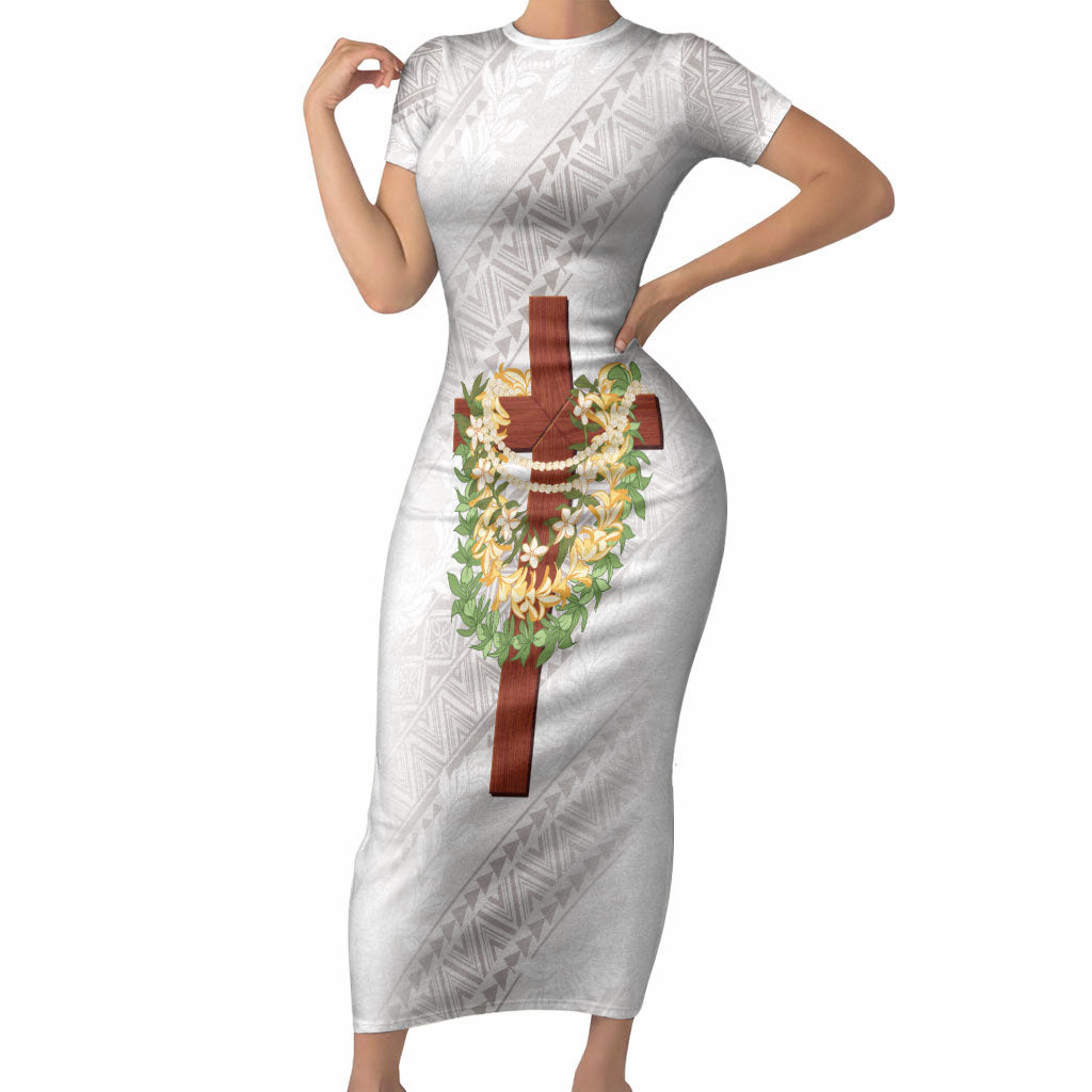 Hawaii Ka Pule a ka Haku Memorial Short Sleeve Bodycon Dress Flower Lei Cross - Ivory White LT7 Long Dress Ivory - Polynesian Pride