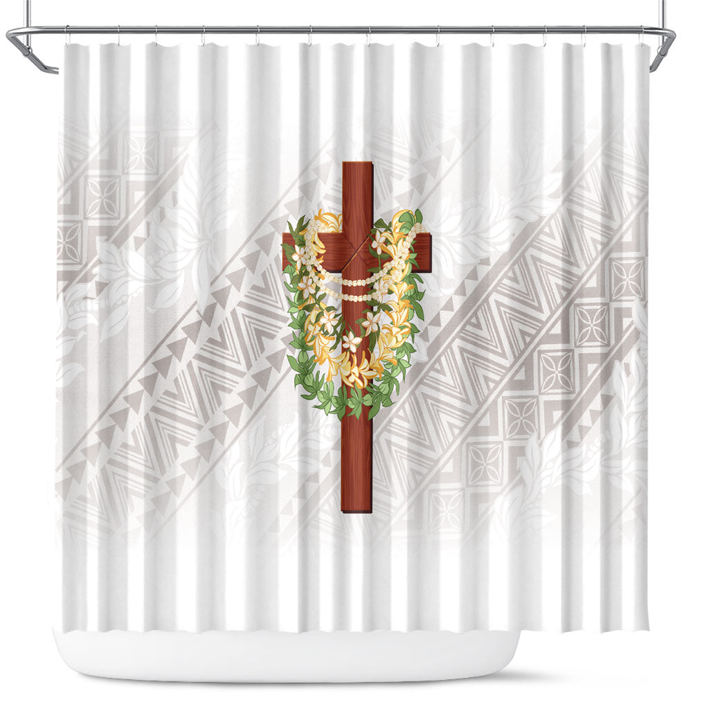 Hawaii Ka Pule a ka Haku Memorial Shower Curtain Flower Lei Cross - Ivory White LT7 Ivory - Polynesian Pride