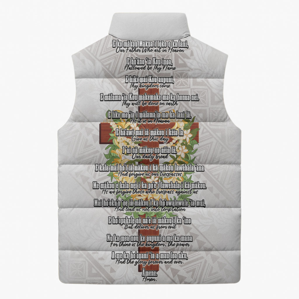 Hawaii Ka Pule a ka Haku Memorial Sleeveless Puffer Jacket Flower Lei Cross - Ivory White LT7 - Polynesian Pride