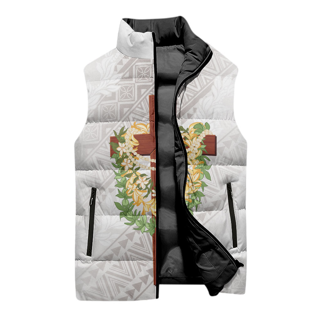 Hawaii Ka Pule a ka Haku Memorial Sleeveless Puffer Jacket Flower Lei Cross - Ivory White LT7 - Polynesian Pride