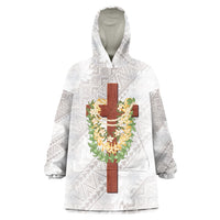 Hawaii Ka Pule a ka Haku Memorial Wearable Blanket Hoodie Flower Lei Cross - Ivory White LT7 One Size Ivory - Polynesian Pride