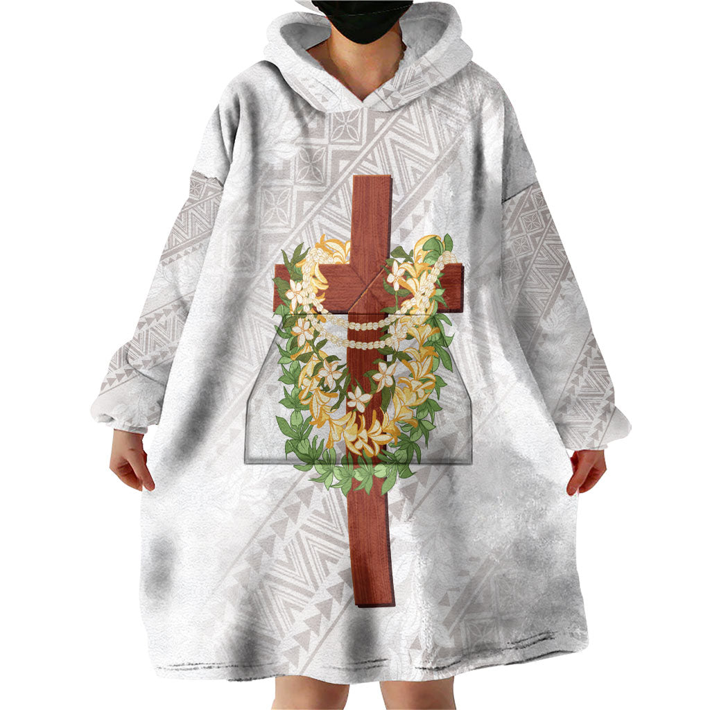 Hawaii Ka Pule a ka Haku Memorial Wearable Blanket Hoodie Flower Lei Cross - Ivory White LT7 - Polynesian Pride