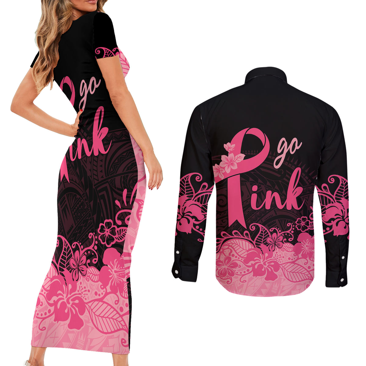 Polynesian Couples Matching Short Sleeve Bodycon Dress and Long Sleeve Button Shirts Plumeria Breast Cancer Awareness Survivor Ribbon Pink LT7 - Polynesian Pride