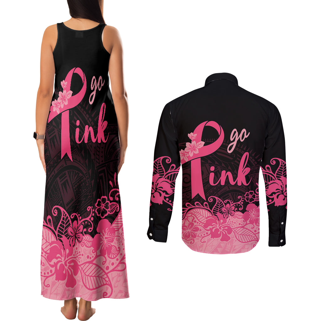 Polynesian Couples Matching Tank Maxi Dress and Long Sleeve Button Shirts Plumeria Breast Cancer Awareness Survivor Ribbon Pink LT7 - Polynesian Pride