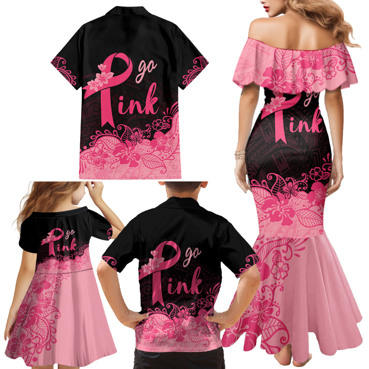 Polynesian Family Matching Mermaid Dress and Hawaiian Shirt Plumeria Breast Cancer Awareness Survivor Ribbon Pink LT7 - Polynesian Pride