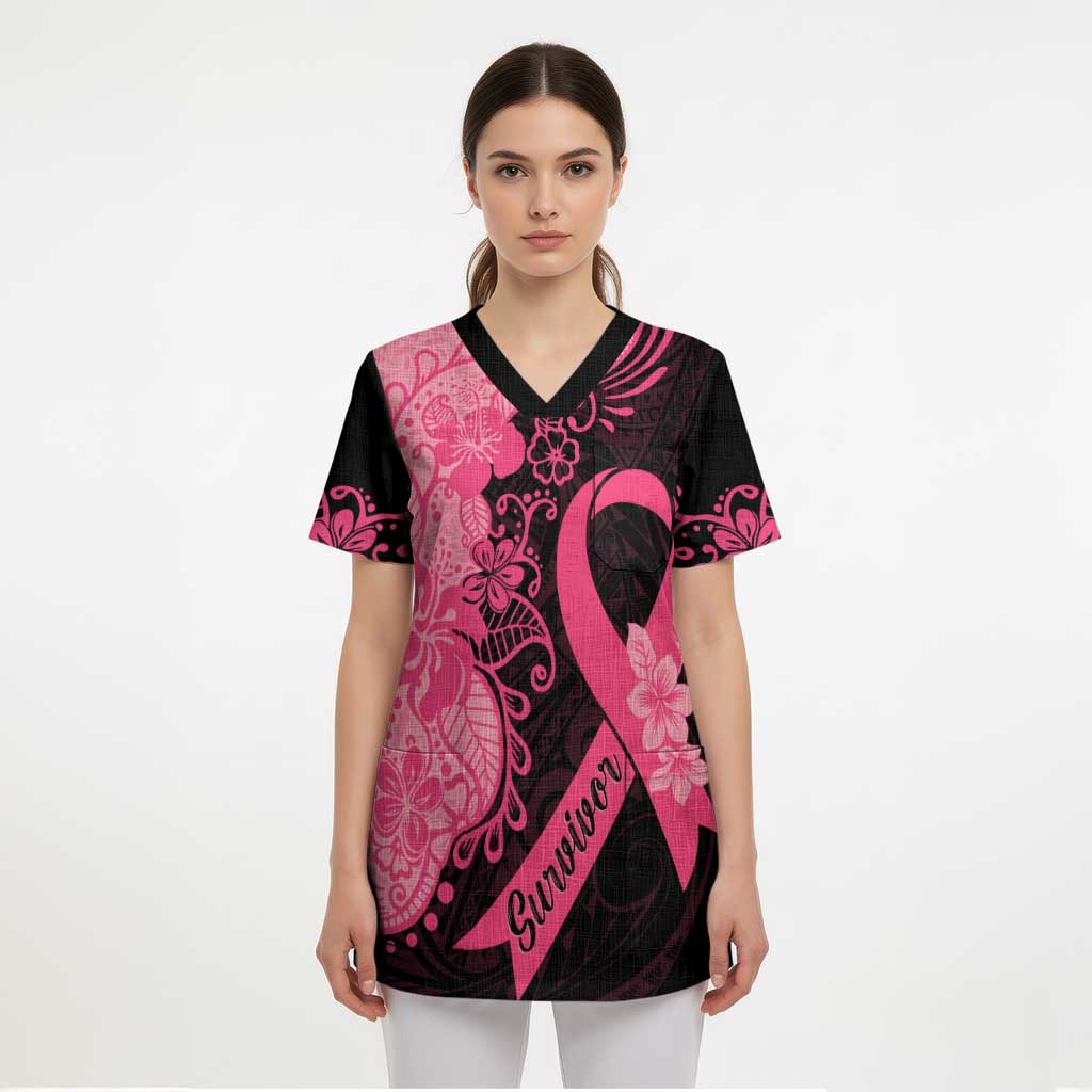 Polynesian Scrub Top Plumeria Breast Cancer Awareness Survivor Ribbon Pink - Polynesian Pride