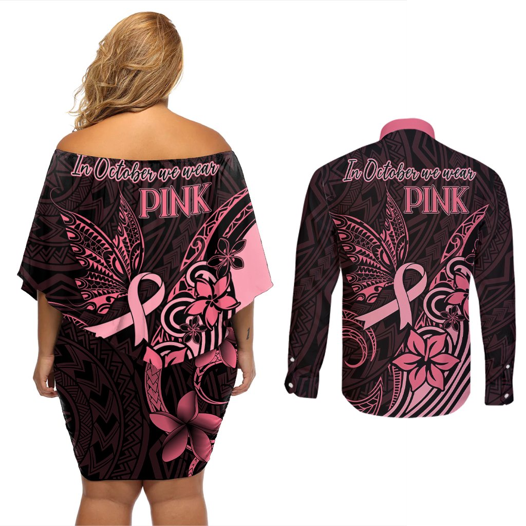 Polynesian Couples Matching Off Shoulder Short Dress and Long Sleeve Button Shirts Breast Cancer RIbbon Butterfly Mix Plumeria Curves Pink LT7 - Polynesian Pride