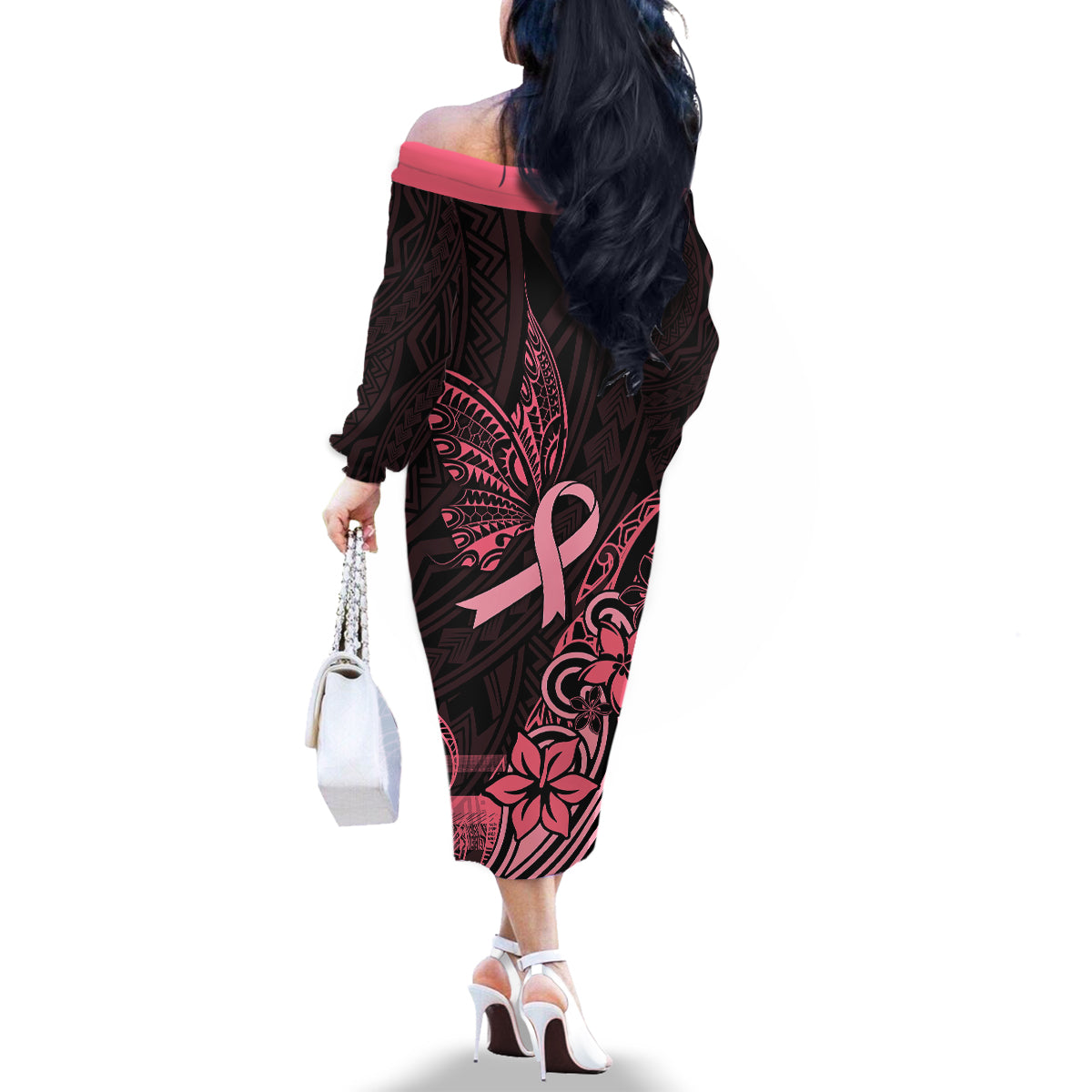 Polynesian Family Matching Off Shoulder Long Sleeve Dress and Hawaiian Shirt Breast Cancer RIbbon Butterfly Mix Plumeria Curves Pink LT7 - Polynesian Pride
