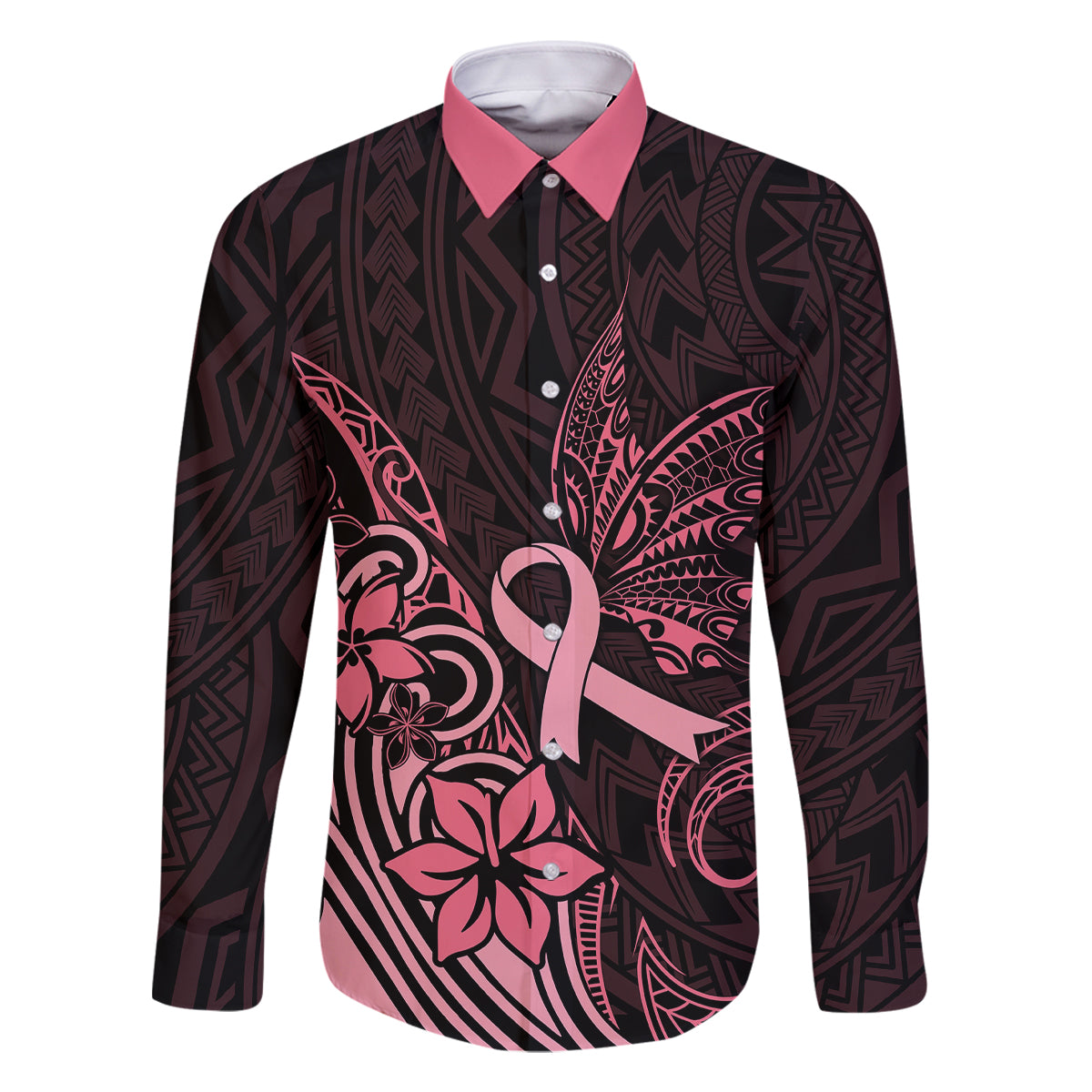 Polynesian Family Matching Tank Maxi Dress and Hawaiian Shirt Breast Cancer RIbbon Butterfly Mix Plumeria Curves Pink LT7 Dad's Shirt - Long Sleeve Black Pink - Polynesian Pride