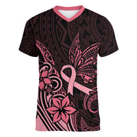 Polynesian Women V Neck T Shirt Breast Cancer RIbbon Butterfly Mix Plumeria Curves Pink LT7 Female Black Pink - Polynesian Pride