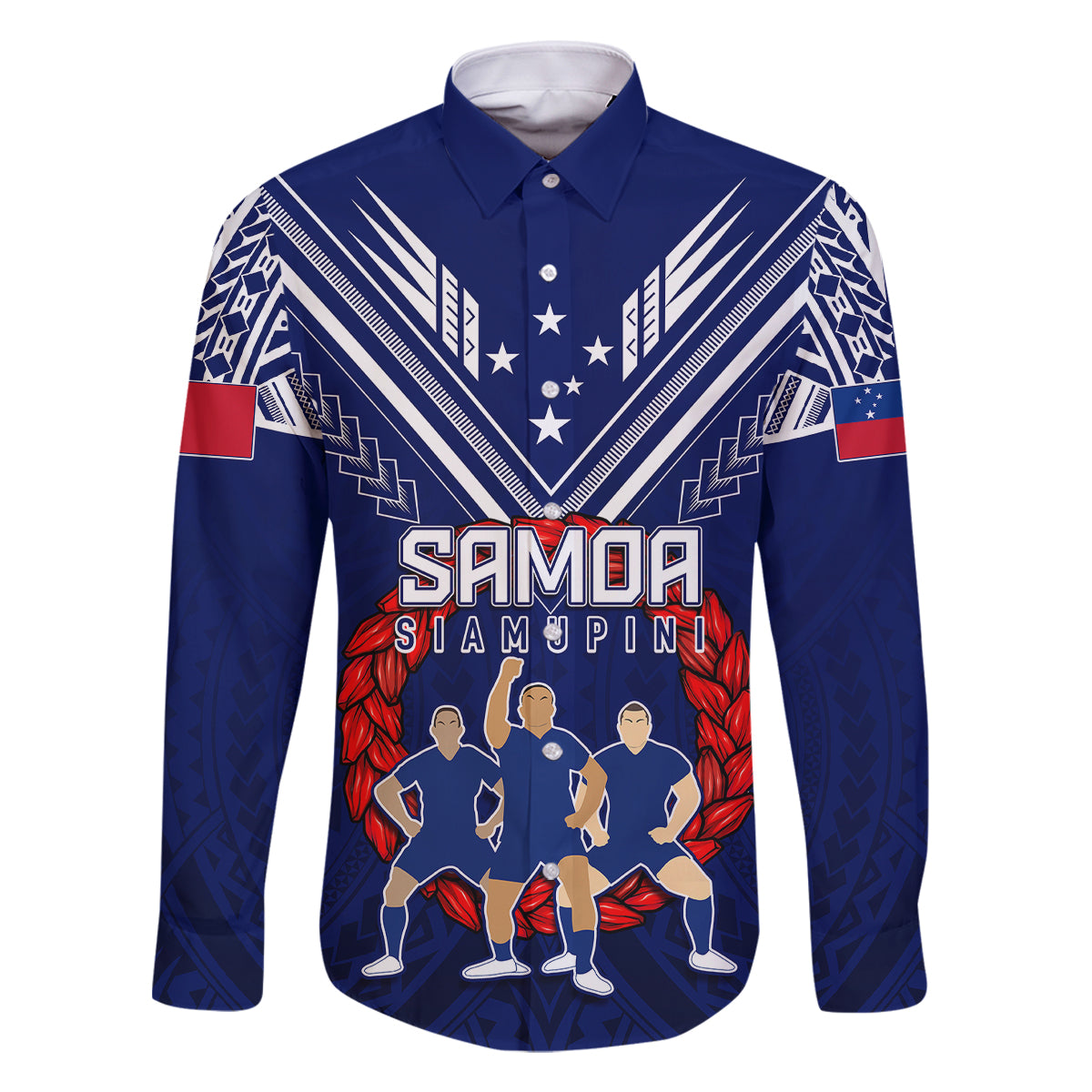 Personalised Samoa Rugby Family Matching Mermaid Dress and Hawaiian Shirt World Cup 2023 Siamupini Siva Tau LT7 Dad's Shirt - Long Sleeve Blue - Polynesian Pride