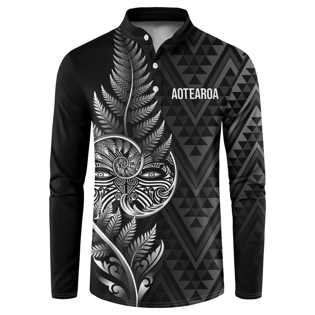 New Zealand Ta Moko Silver Fern Button Sweatshirt Taniko Taniwha Motifs LT7 Black - Polynesian Pride