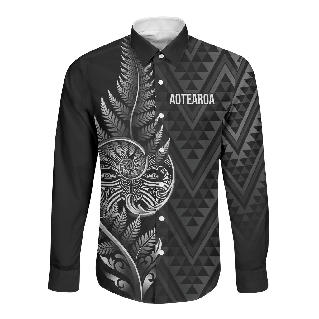 New Zealand Ta Moko Silver Fern Long Sleeve Button Shirt Taniko Taniwha Motifs LT7 Unisex Black - Polynesian Pride