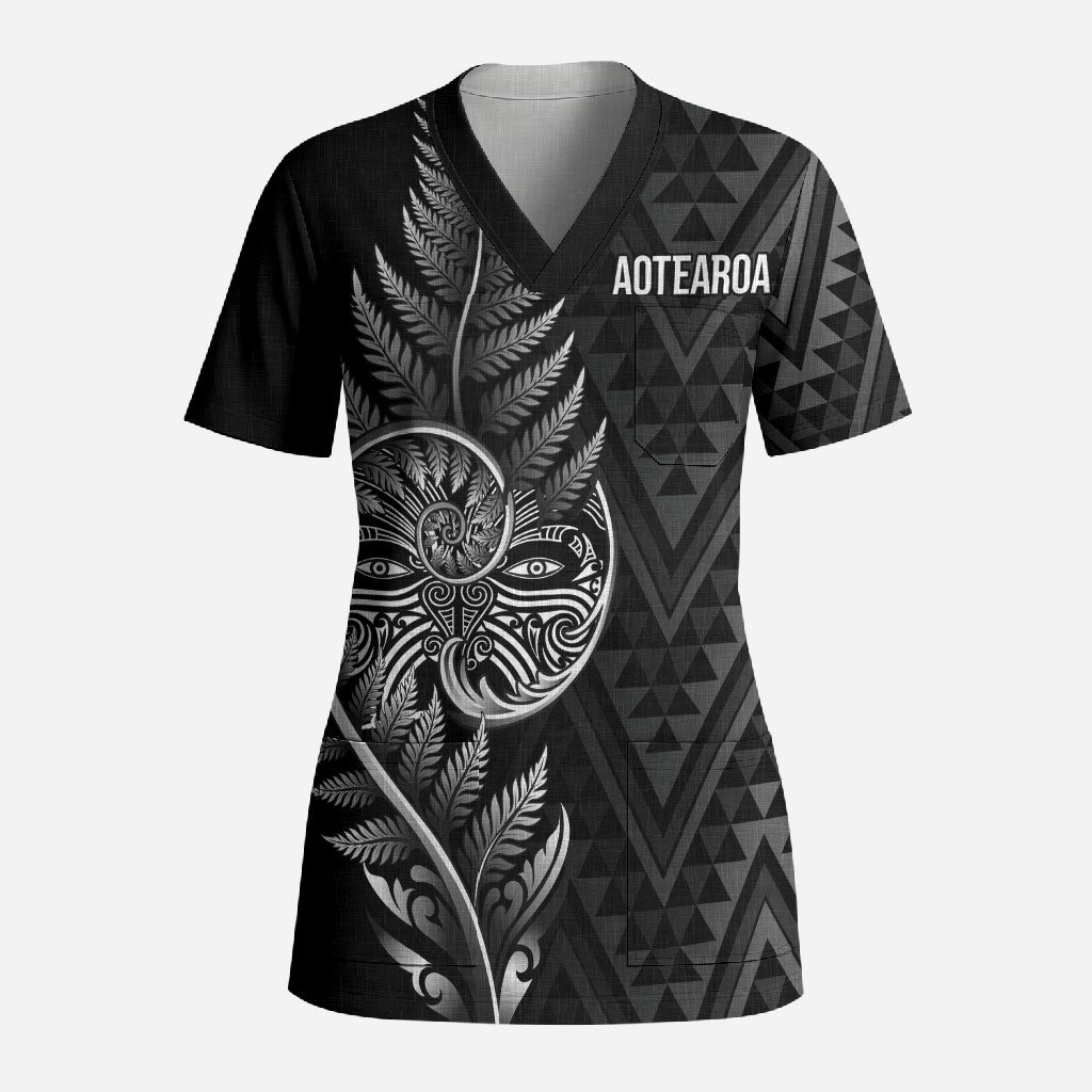 New Zealand Ta Moko Silver Fern Scrub Top Taniko Taniwha Motifs LT7 Adult Black - Polynesian Pride