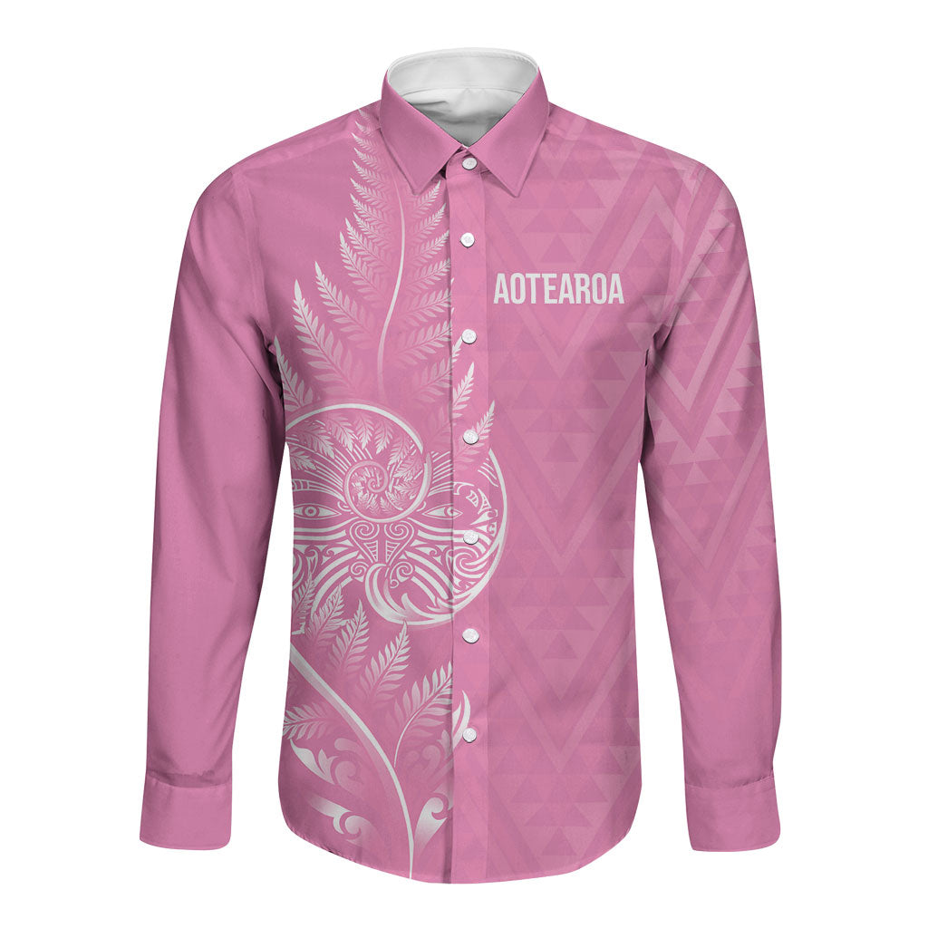 New Zealand Ta Moko Silver Fern Pink Long Sleeve Button Shirt Taniko Taniwha Motifs LT7 Unisex Pink - Polynesian Pride