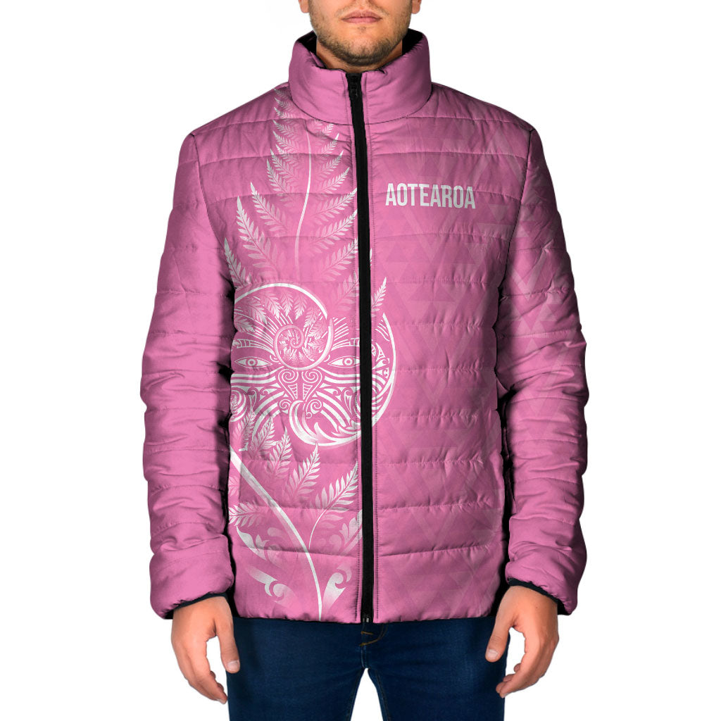 New Zealand Ta Moko Silver Fern Pink Padded Jacket Taniko Taniwha Motifs