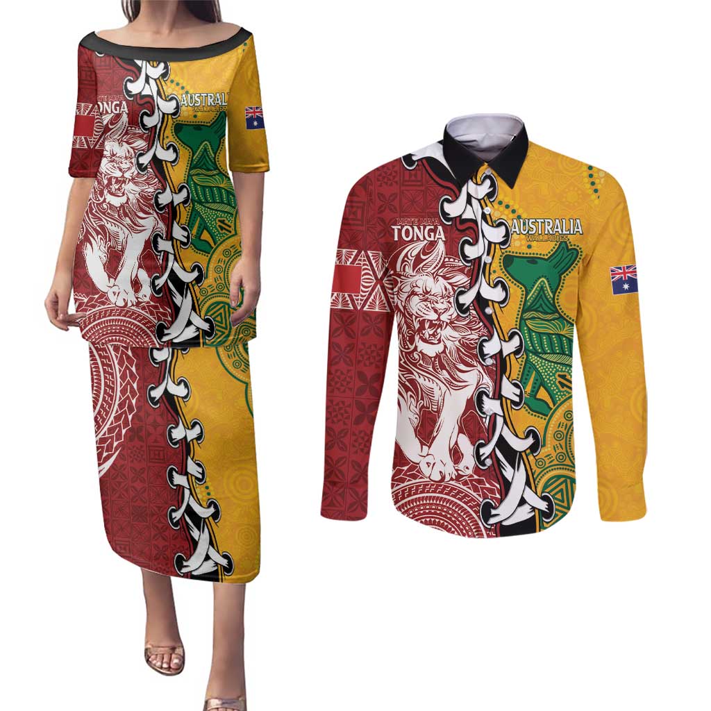 Mate Ma'a Tonga Vs Australia Rugby Personalized Couples Matching Puletasi and Long Sleeve Button Shirt Special Mascots