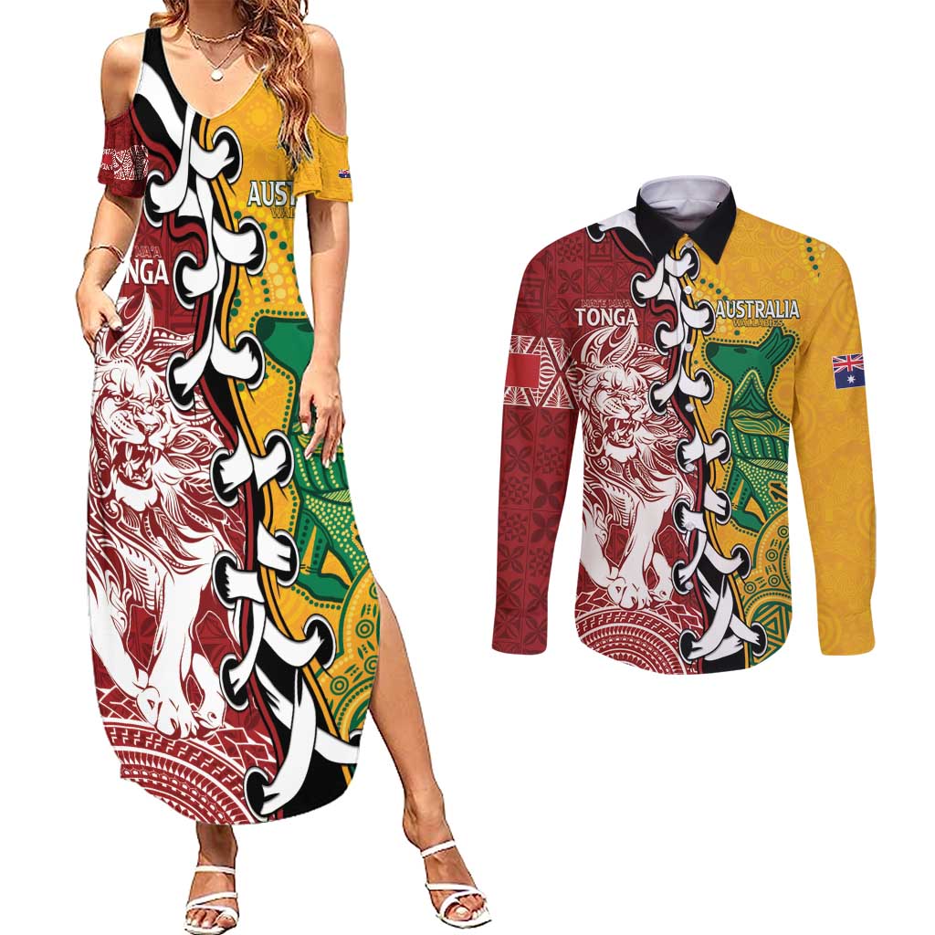 Mate Ma'a Tonga Vs Australia Rugby Personalized Couples Matching Summer Maxi Dress and Long Sleeve Button Shirt Special Mascots