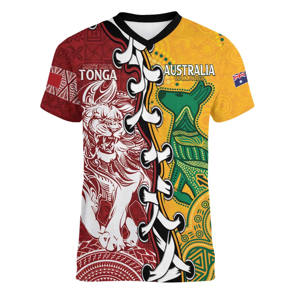 Mate Ma'a Tonga Vs Australia Rugby Personalized Women V-Neck T-Shirt Special Mascots
