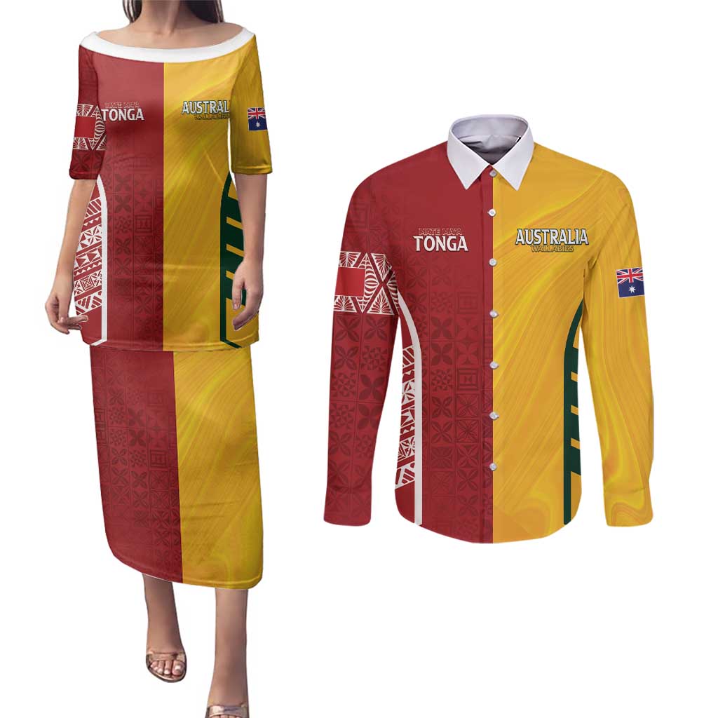 Australia - Tonga Rugby Custom Couples Matching Puletasi and Long Sleeve Button Shirt Minimalist Dynamic