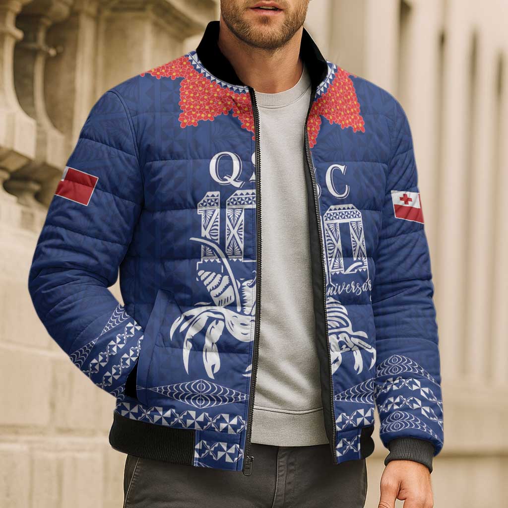 Queen Salote College 100 Years Anniversary Personalized Bomber Puffer Jacket Tonga QSC Royal Blue - Polynesian Pride