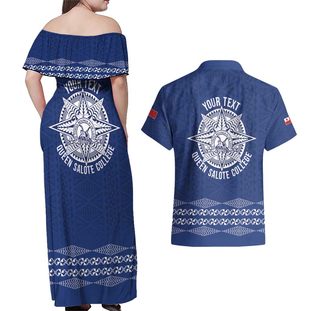 Queen Salote College 100 Years Anniversary Personalized Couples Matching Off Shoulder Maxi Dress and Hawaiian Shirt Tonga QSC Royal Blue - Polynesian Pride