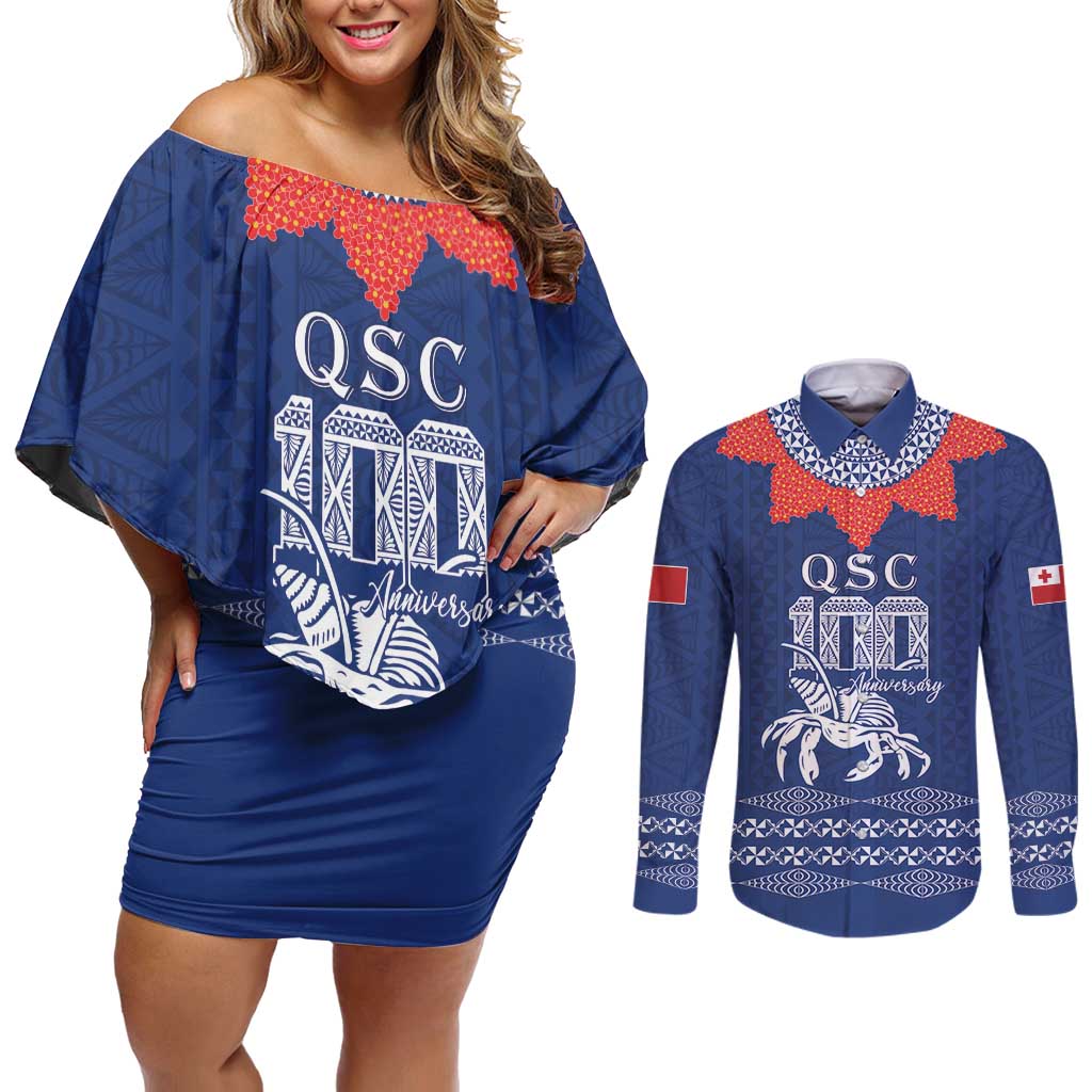 Queen Salote College 100 Years Anniversary Personalized Couples Matching Off Shoulder Short Dress and Long Sleeve Button Shirt Tonga QSC Royal Blue - Polynesian Pride