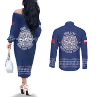 Queen Salote College 100 Years Anniversary Personalized Couples Matching Off The Shoulder Long Sleeve Dress and Long Sleeve Button Shirt Tonga QSC Royal Blue - Polynesian Pride