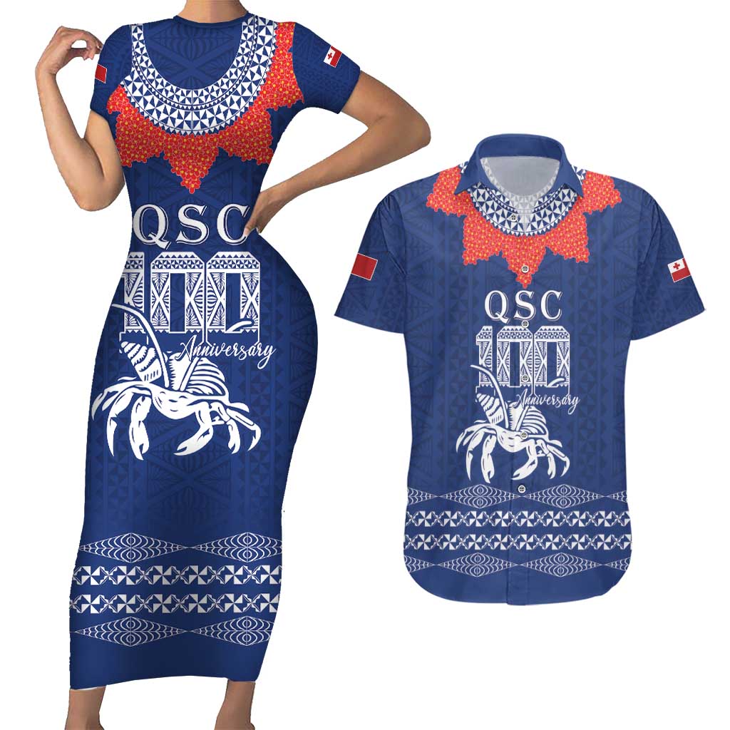 Queen Salote College 100 Years Anniversary Personalized Couples Matching Short Sleeve Bodycon Dress and Hawaiian Shirt Tonga QSC Royal Blue - Polynesian Pride