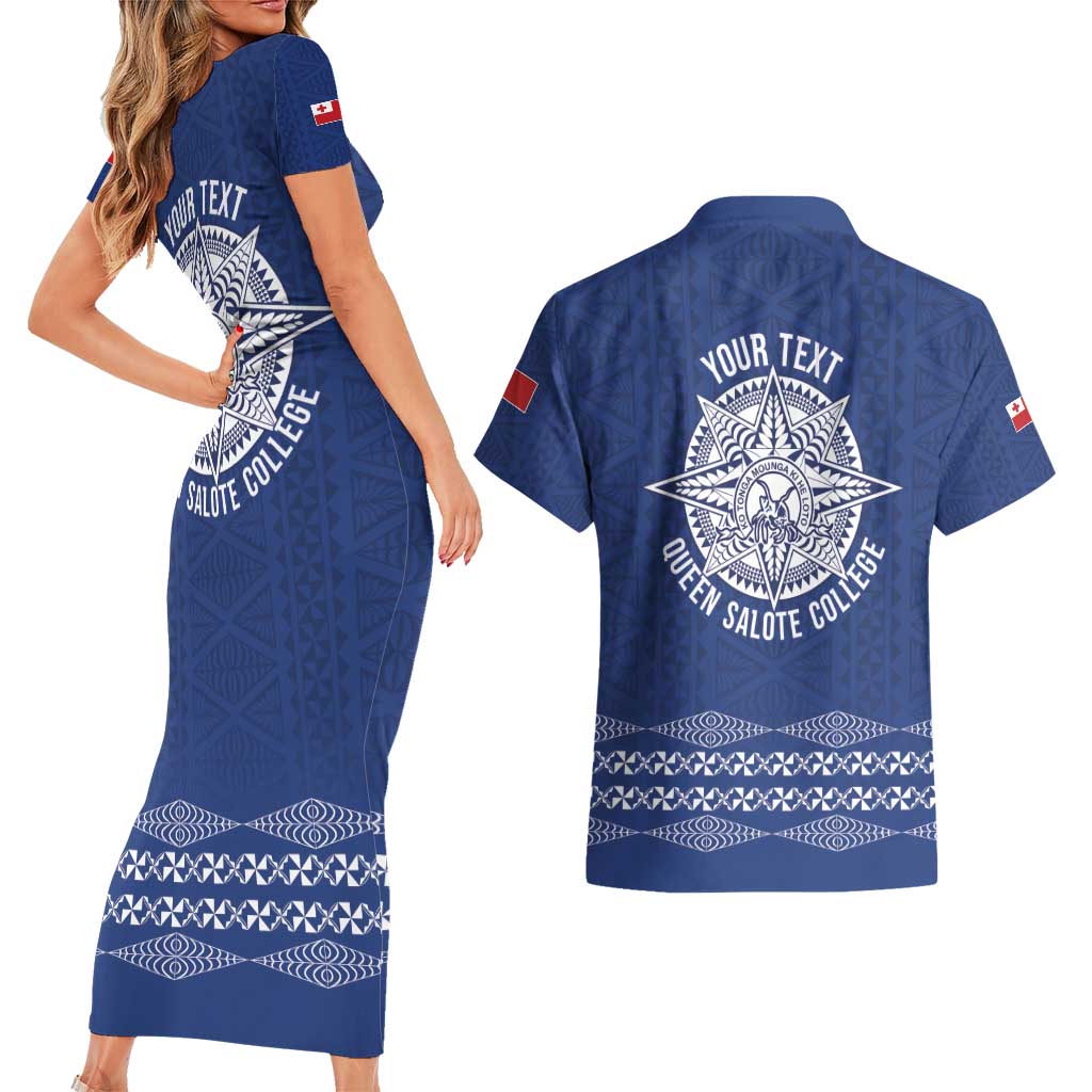 Queen Salote College 100 Years Anniversary Personalized Couples Matching Short Sleeve Bodycon Dress and Hawaiian Shirt Tonga QSC Royal Blue - Polynesian Pride