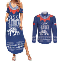 Queen Salote College 100 Years Anniversary Personalized Couples Matching Summer Maxi Dress and Long Sleeve Button Shirt Tonga QSC Royal Blue - Polynesian Pride