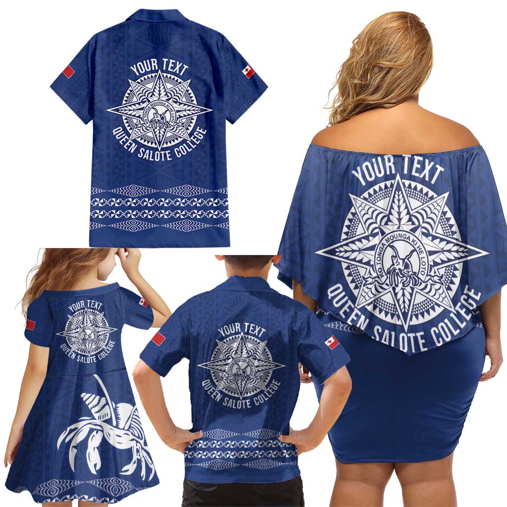 Queen Salote College 100 Years Anniversary Personalized Family Matching Off Shoulder Short Dress and Hawaiian Shirt Tonga QSC Royal Blue - Polynesian Pride