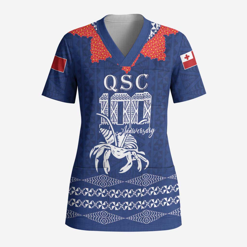 Queen Salote College 100 Years Anniversary Personalized Scrub Top Tonga QSC Royal Blue - Polynesian Pride