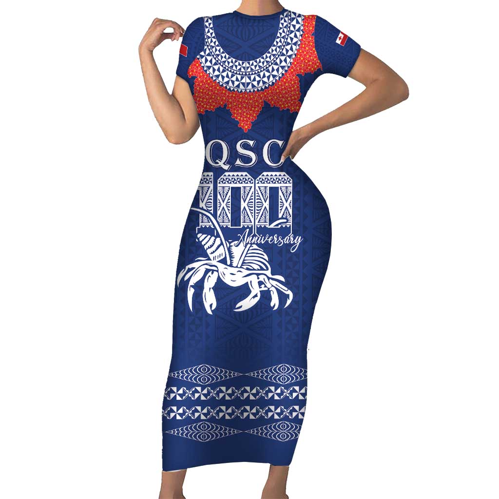 Queen Salote College 100 Years Anniversary Personalized Short Sleeve Bodycon Dress Tonga QSC Royal Blue - Polynesian Pride