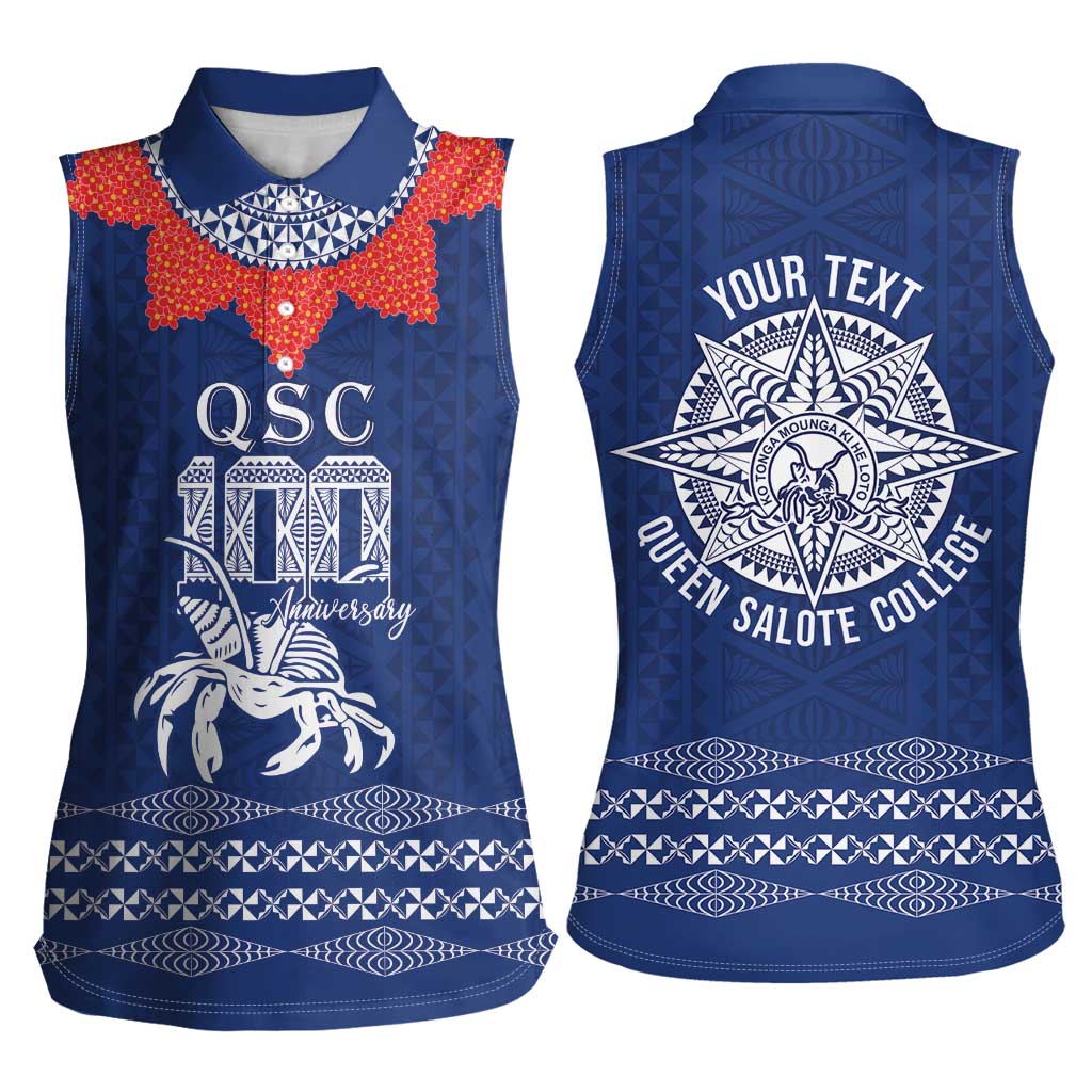 Queen Salote College 100 Years Anniversary Personalized Women Sleeveless Polo Shirt Tonga QSC Royal Blue - Polynesian Pride