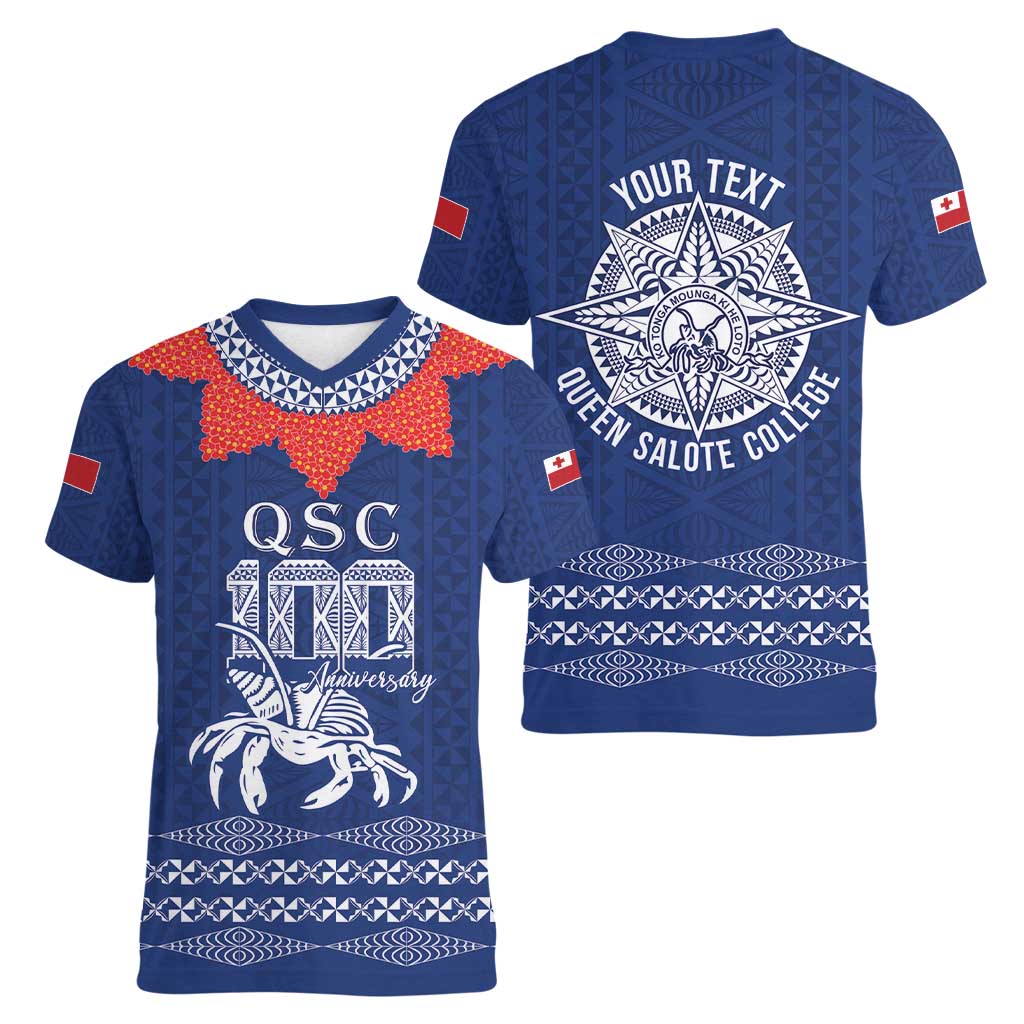 Queen Salote College 100 Years Anniversary Personalized Women V-Neck T-Shirt Tonga QSC Royal Blue - Polynesian Pride