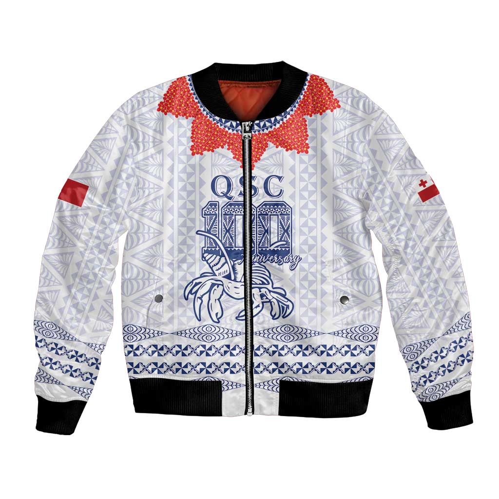 Queen Salote College 100 Years Anniversary Personalized Bomber Jacket Tonga QSC White - Polynesian Pride