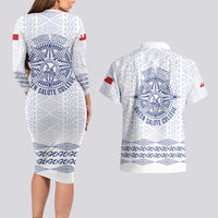 Queen Salote College 100 Years Anniversary Personalized Couples Matching Long Sleeve Bodycon Dress and Hawaiian Shirt Tonga QSC White - Polynesian Pride