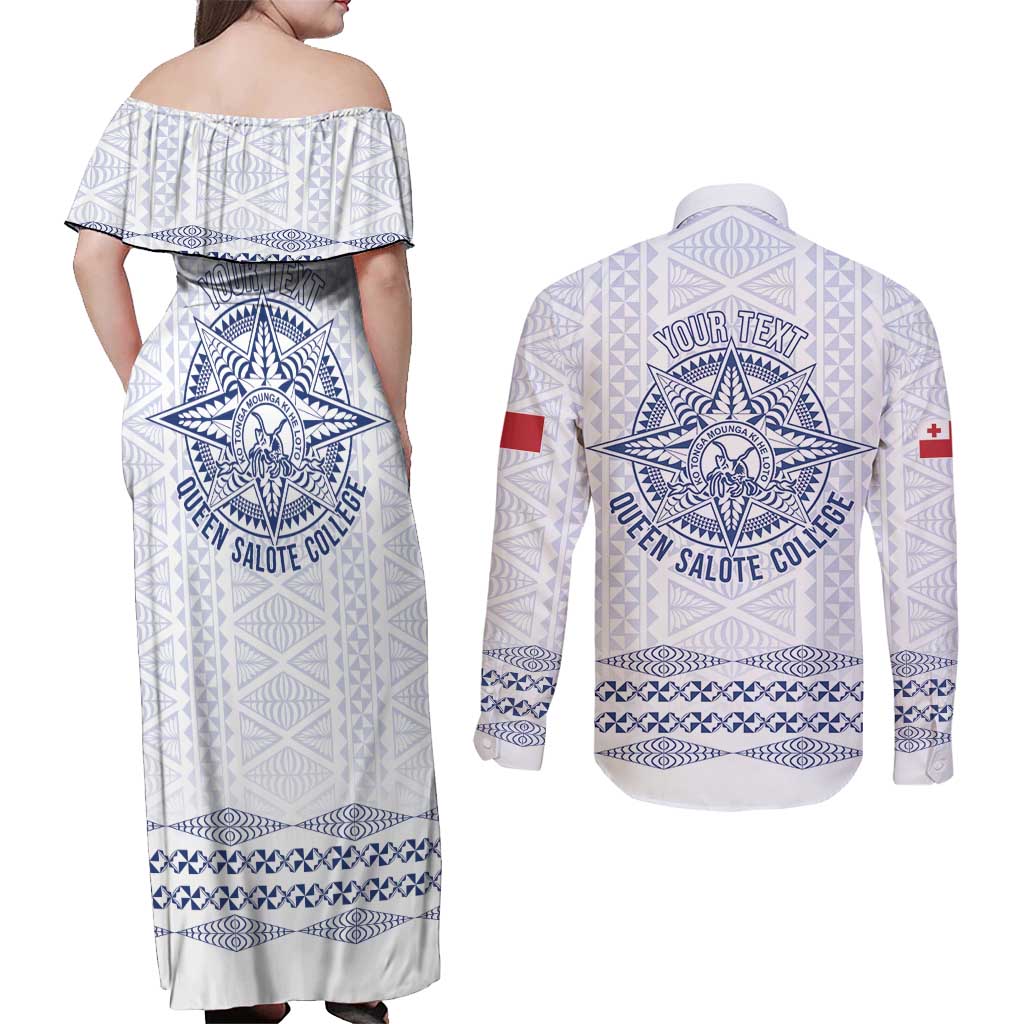 Queen Salote College 100 Years Anniversary Personalized Couples Matching Off Shoulder Maxi Dress and Long Sleeve Button Shirt Tonga QSC White - Polynesian Pride