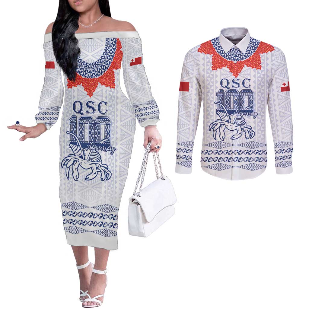 Queen Salote College 100 Years Anniversary Personalized Couples Matching Off The Shoulder Long Sleeve Dress and Long Sleeve Button Shirt Tonga QSC White - Polynesian Pride