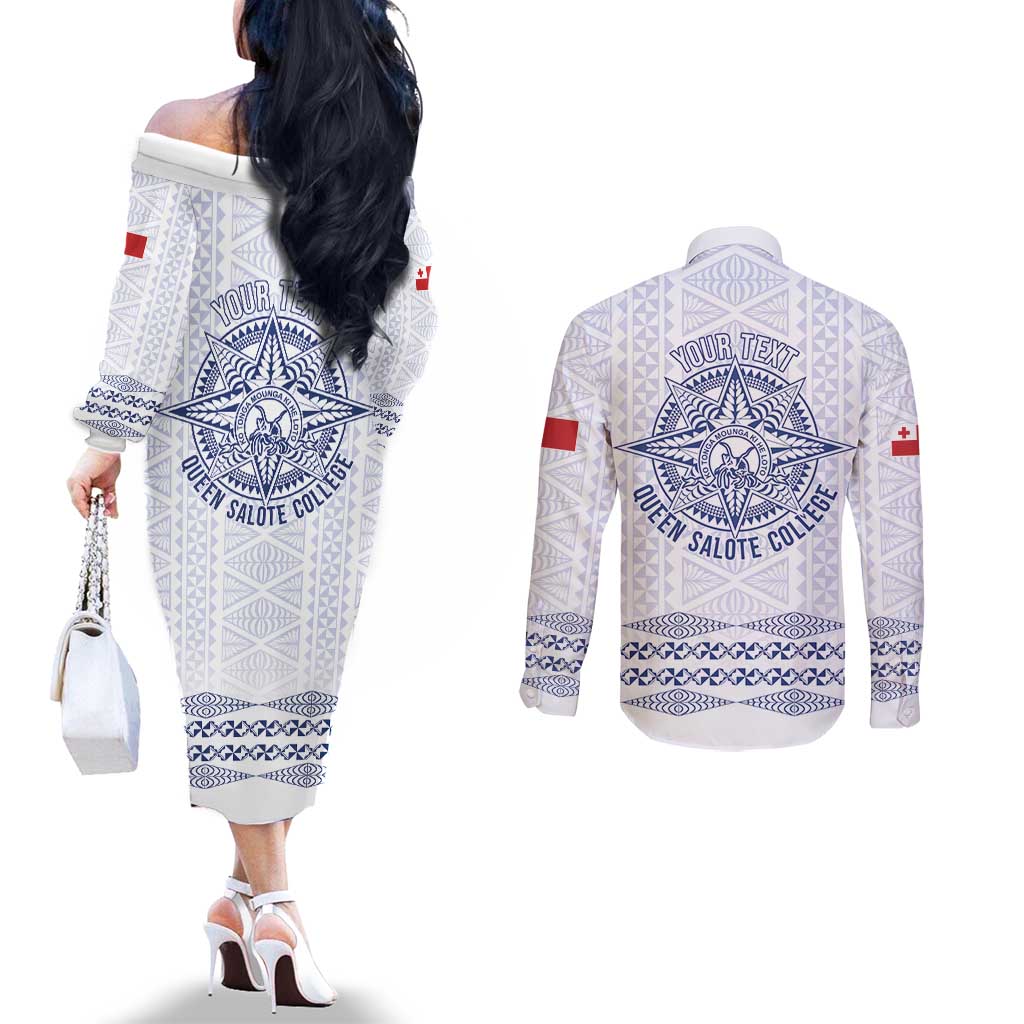 Queen Salote College 100 Years Anniversary Personalized Couples Matching Off The Shoulder Long Sleeve Dress and Long Sleeve Button Shirt Tonga QSC White - Polynesian Pride